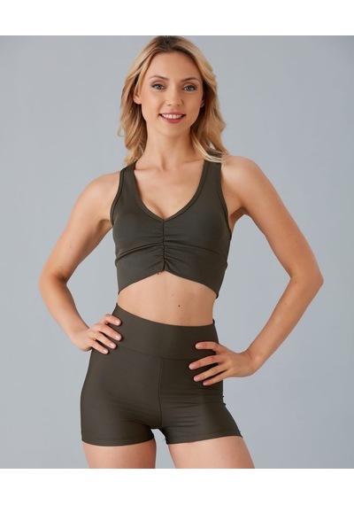 Aurafit Kadın Önü Büzgülü Arkası Çapraz Kaplı Croptop/büstiyer Haki Yeşil