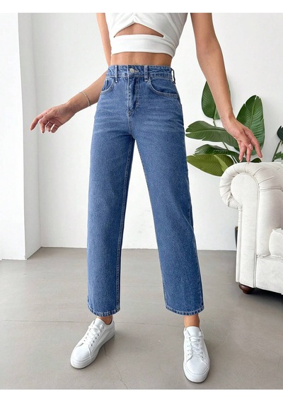 Yüksek Bel Koyu Yıkamalı Kadın Denim Pantolon Mavi
