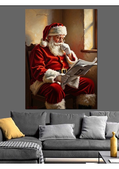 Gazete Okuyan Nostaljik Noel Baba Dekoratif Kanvas - Mdf Ahşap Tablo