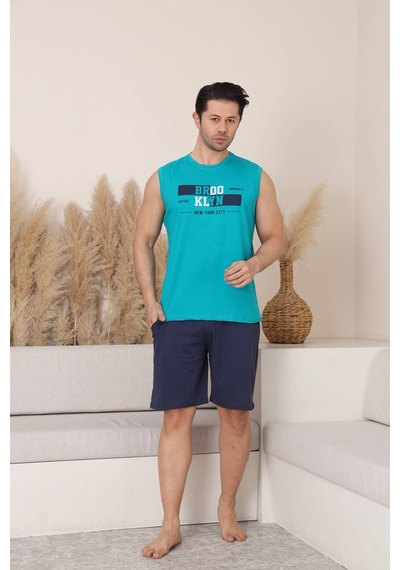 Seboteks %100 Pamuklu Kolsuz Cepli Erkek Şortlu Pijama Takımı 2011 Turkuaz