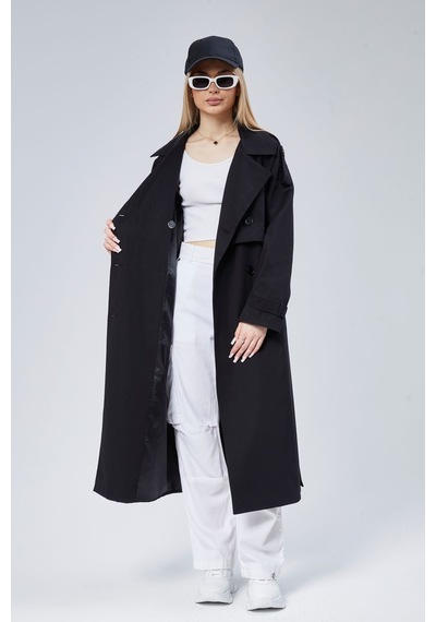Oversize Kruvaze Kapama Rüzgarlık Detaylı Trençkot 44956 Siyah