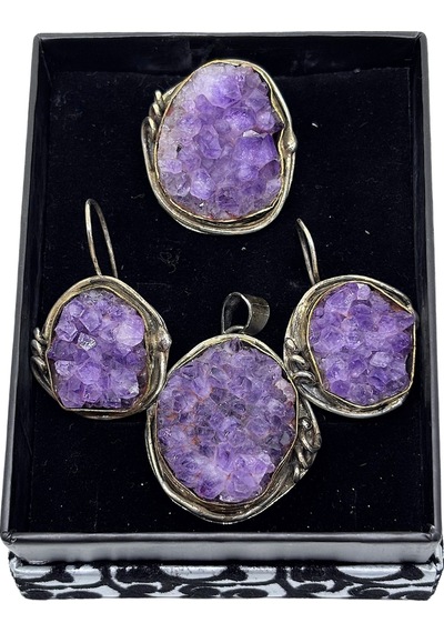 Oya Silver İri Çerçeveli Ametist Işıltısı Gümüş Set&takım