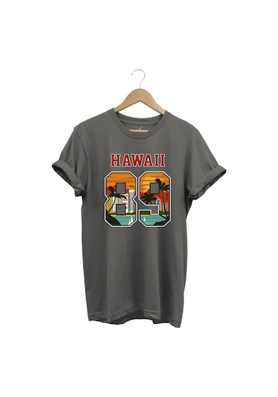 Hawaii 89 Gün Batımı Palmiye Ve Yelkenli Baskılı %100 Pamuk Unisex Regular Fit Tişört Antrasit