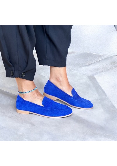 Ne&ve Shoes Mavi Süet Hakiki Deri Kadın Loafer Ayakkabı
