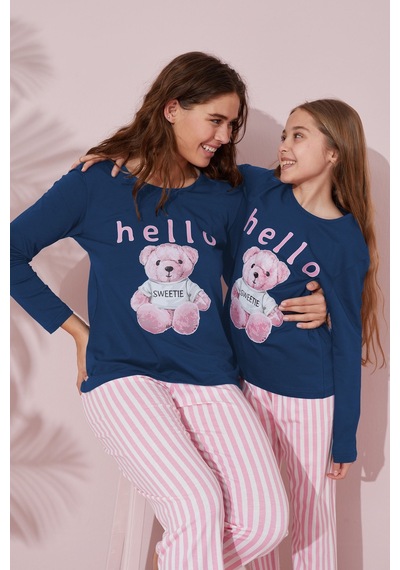 Siyah İnci Pamuklu Örme Pijama Takım 24241116 İndigo