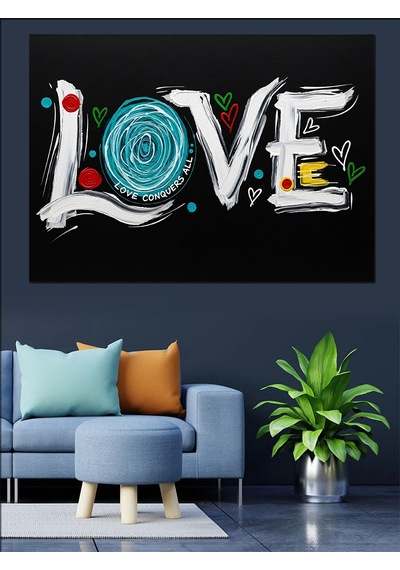 Love Yazısı Kalp Çizim Dekoratif Kanvas - Mdf Ahşap Tablo