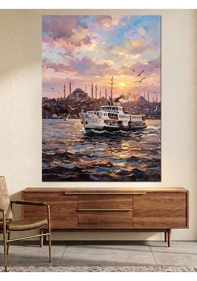 İstanbul Boğazında Vapur Gün Batımı Dekoratif Kanvas - Mdf Ahşap Tablo Çok Renkli