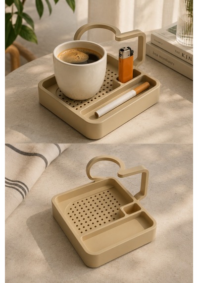 Kahve Sunum Tepsisi Çok Bölmeli Masa Üstü Organizer Kupa Fincan Standı Pla 12.5x11x7 Cm Krem Bej