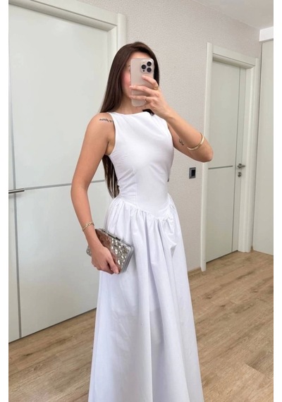 Defymoda Sifir Kol Beli Oturtmalı Kolsuz Uzun Elbise - Beyaz Beyaz