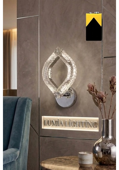 LumiaLighting Yonca Model Gümüş Kristal Salon Mutfak Yatak Çocuk Odası Pilli Aplik