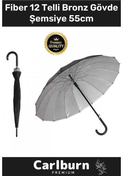 Özel Üretim Otomatik Mekanizma Baston Tip Rüzgar Korumalı Fiber 12 Telli Bronz Gövde Şemsiye 55cm Çok Renkli