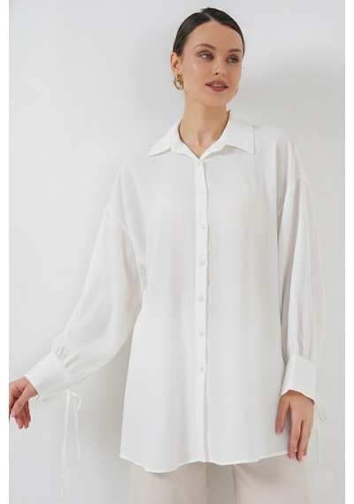 Bigdart Kadın Oversize Bağcıklı Gömlek 5954 - Beyaz