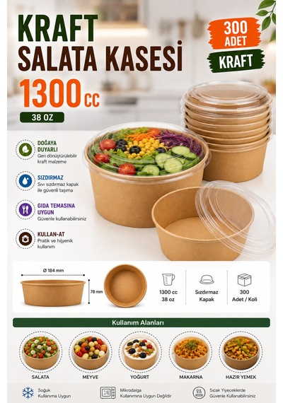 1300 Cc Kraft Salata Kasesi 300 Adet 38 Oz Kâğıt Salata Kabı - 913797483