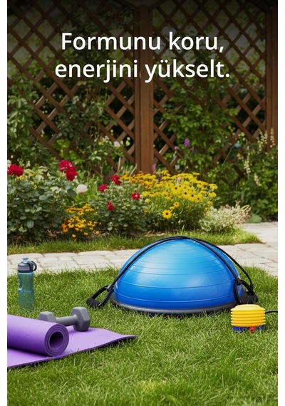 T181 M Bosu Ball Denge Topu 45 Cm Pilates Aleti Direnç Lastiği + Pompa Dahil Kaymaz Taban