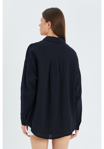 Mixray 3833 Kadın Oversize Cepli Müslin Gömlek Siyah