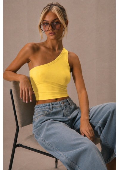 Tarz Cool Kadın Tek Omuz Crop Atlet Esnek Slim Fit Süprem Kumaş Asimetrik Yaka Bluz Sarı