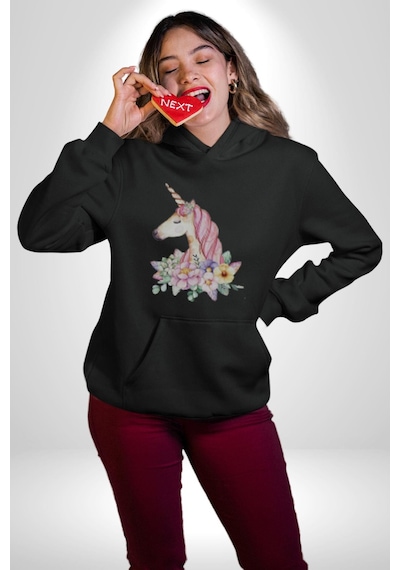 Unicorn Çiçek Kadın Erkek Siyah Kapüşonlu Sweatshirt Hoodie Siyah