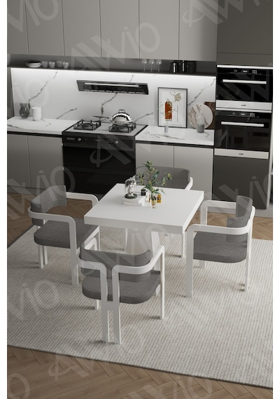 Avvio Bianco Lake Mdf Ayak Tokyo Demonte Sandalye 80x80 Yemek Masası Mutfak Masası 4 Kişilik Beyaz