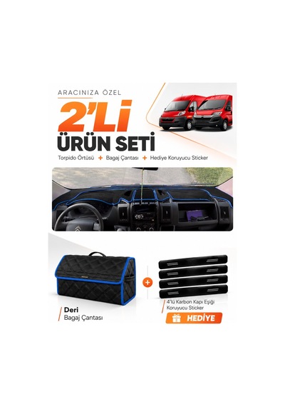 E-biz Citroen Jumper 2006-2024 Uyumlu Torpido Örtüsü + Deri Bagaj Çantası - Siyah-mavi - Cı006