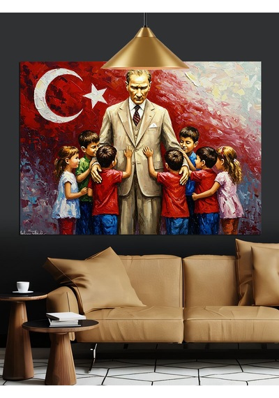 Atatürk Ve Çocuklar Dekoratif Kanvas - Mdf Ahşap Tablo