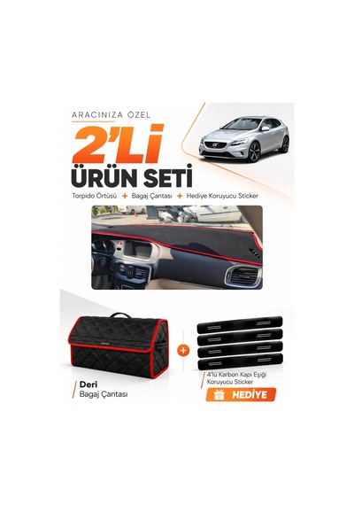 Volvo V40 2012-2019 Uyumlu Torpido Örtüsü + Deri Bagaj Çantası + Sticker Seti - Siyah Kırmızı