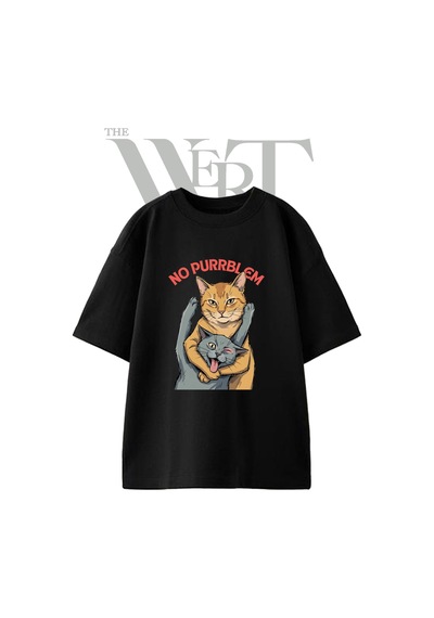 Thewert No Purrblem Tasarım Baskılı Ünisex Siyah Oversize T-shirt