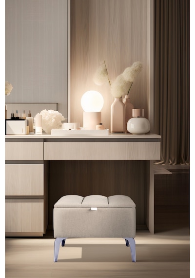 Vetra Mini Royal Krem Kumaş Sandıklı Dekoratif Puf&bench-dilimli Model-gümüş Ayak-modern Puf