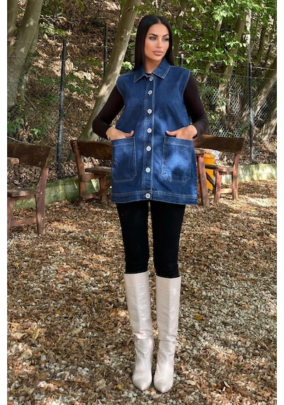WeShaya Mavi Denim Kolsuz, Düğmeli, Geniş Cepli Uzun Kot Yelek Mavi