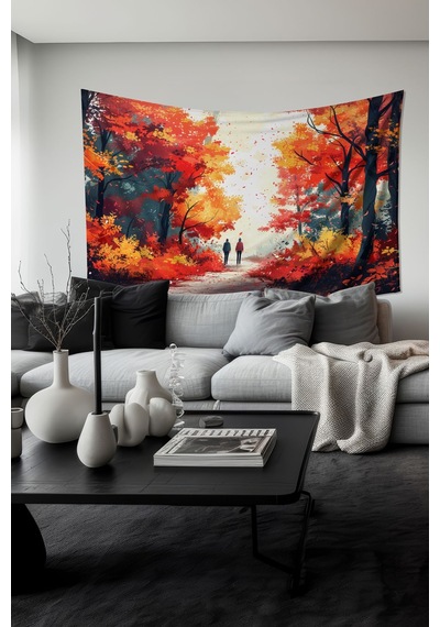Sonbahar Yürüyüşü Desenli Duvar Halısı Duvar Örtüsü Tapestry Süet Dokulu Kumaş