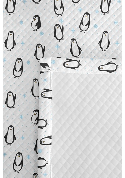 Evimde Bambaşka Penguen Mavi Çocuk Odası Tek Kişilik Pike Takımı - Sevimli Minimal 160x220  CM Kapitone Yatak Örtüsü