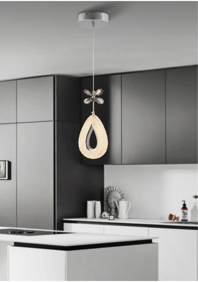 Damla Model Krom 3 Renk Modu Ledli Kristal Taşlı Modern Salon Mutfak Oturma Odası Led Avize Krom
