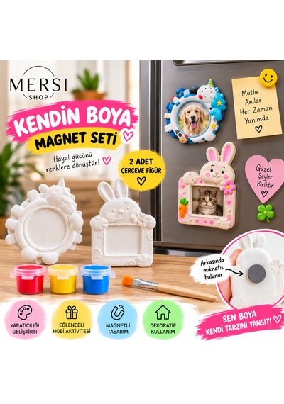 2 Li Kendin Boya Taş Tozu Magnet Seti Tavşanlı Çerçeve Figürleri Boyama Hobi Seti