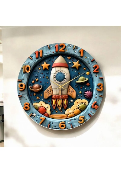 AA Shop Renkli Baskı Uzay Çocuk Desenli Sayılı Hediyelik Ahşap Sessiz Duvar Saati 50cm ÇOk Renkli