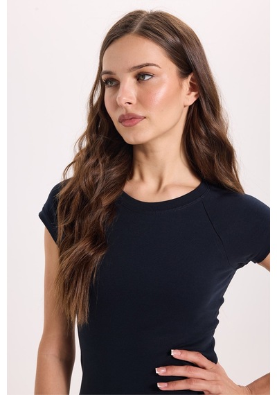 Tudors Kadın Slim Fit Dar Kesim Bisiklet Yaka Reglan Kol %100 Pamuk Lacivert Tişört Bluz-51069