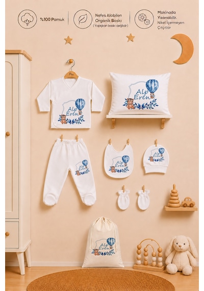 Pia Baby Erkek Bebek Hastane Çıkışı 8 Parça %100 Pamuk İsimli Organik Baskılı Kese Hediye Zıbın Seti 1009zybk0x Ekru