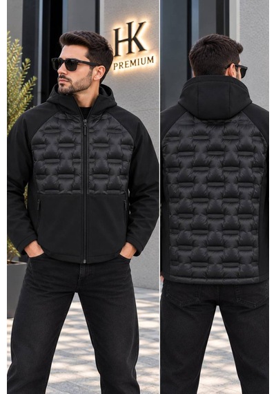 Hk Premium Erkek Parmak Baskı Kapitone %100 Polyester Hibrit Softshell Kapüşonlu Şişme Mont Siyah Hk Premium Erkek Parmak Baskı Kapitone %100 Polyester Hibrit Softshell Kapüşonlu Şişme Mont Siyah