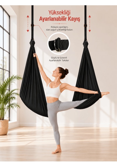 Yoga Hamağı Fly Salıncağı Yükseklik Ayarlanabilir Antigravity Esnek Askılı Denge Spor Aleti Pilates Fitness Denge Esneme Gerdirme Gelişim Siyah