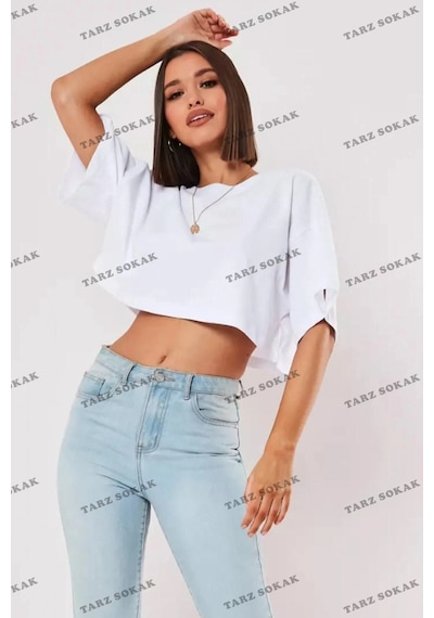 Tarzsokak Beyaz %100 Pamuk Bisiklet Yaka Oversize Crop Siyah