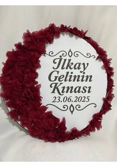 Gelin Tefi 30cm, İsim Ve Tarih Yazılı Yarım Ay Ve Kenar Süslemeli Tasarlanmış Kına Tefi Bordo