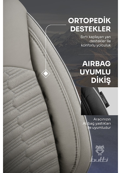 Gri - Gri Butti Libro Serisi Keten Kumaş Premium Oto Koltuk Kılıfı Destekli, Ön Arka Tam Set