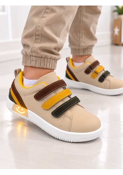 Papucumun Dünyası Çocuk Erkek/kız 3 Cırtlı Kolay Giyilir Ortopedik Işıklı Sneaker Tam Kalıp Krem