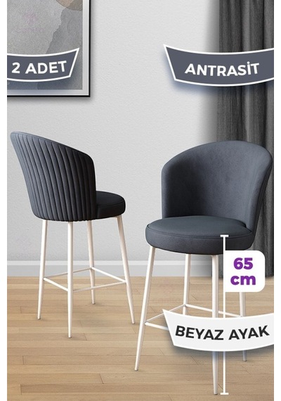Canisa Alte Serisi 2 Antrasit Sandalye 65 Cm Ada Mutfak Bar Sandalyesi Babyface Kumaş Beyaz Metal Ayaklı Sandalye Antrasit Ayaklar Beyaz
