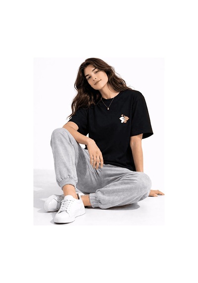 Sevgili Kombini Ayıcık Baskılı Çift Tişört Oversize Unisex Partne Siyah