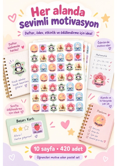 Sevimli Öğrenci Motivasyon Sticker Seti 420 Adet 10 Sayfa Tebrikler, Başardın, Devam Et Ve Ödül Etiketleri Çok Renkli