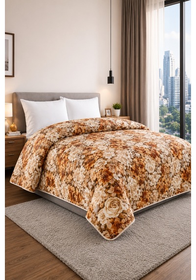 Yatak Örtüsü Çok Amaçlı 100% Polyester Hassas Tuşeli Basklı Lüx - Premium 200 Cm X 220 Cm Açık Kahverengi