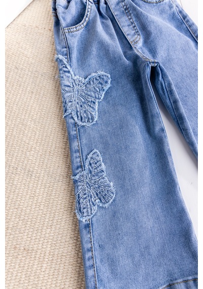 Babymod Kelebek İşlemeli Denim Kız Çocuk Kot Pantolon Mavi
