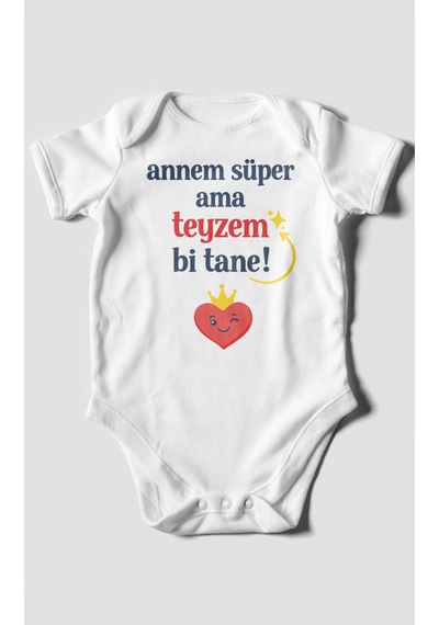 Morivokids Annem Süper Ama Teyzem Bi Tane Kısa Kollu Bebek Body %100 Pamuk Beyaz