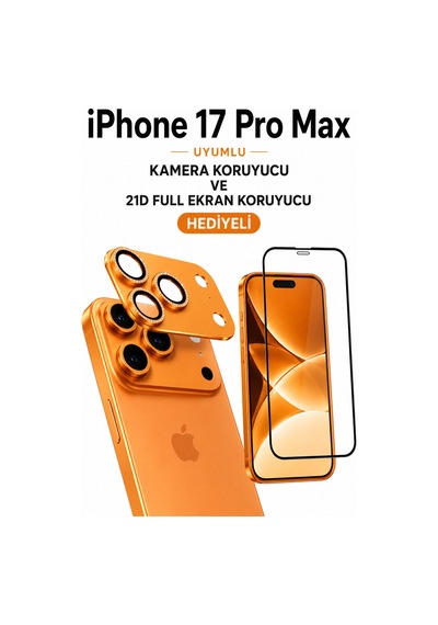 iPhone Uyumlu 17 Pro Max Taşli Kamera Koruyucu+ Ekran Koruyucu Set Turuncu