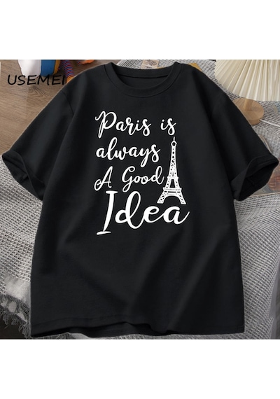 Flood Of Style Erkekler T En Kaliteli Baskı Paris T-shirt Rahat Tatil Moda O Boyun Kazak Pamuk Kısa K Siyah