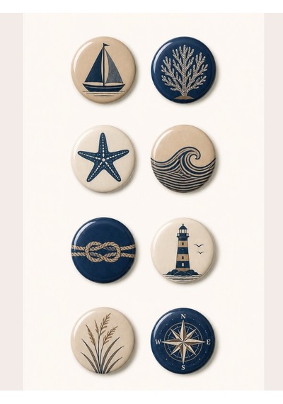8 Li Set-3 Deniz Temalı Rozet Seti Lacivert Bej Sailor Marin Yelken Deniz Yıldızı Pusula Broş Pin Çok Renkli